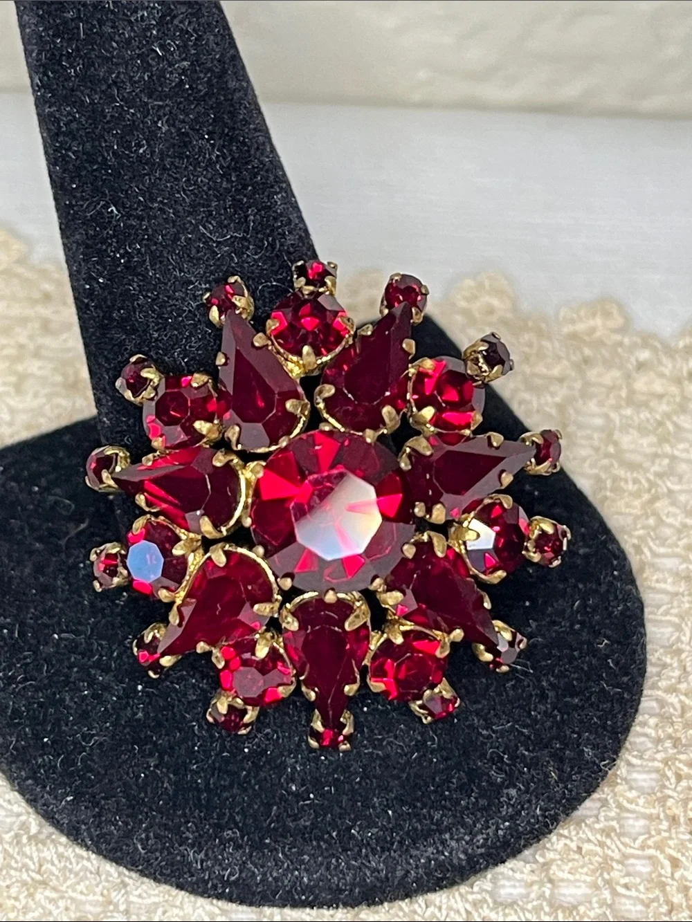 Vintage Austria Ruby Red Rhinestone Brooch High Dome Gold Tone MCM